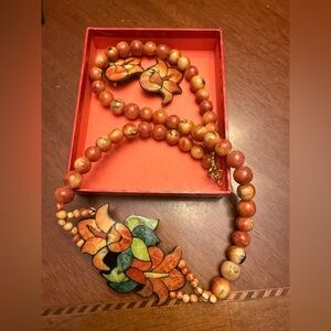 Karla Jordan inlay natural stone Artisan Orange Beaded Necklace & Earrings set